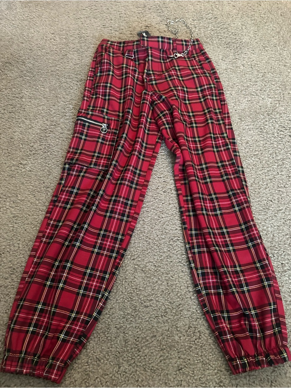 Hot Topic Red Plaid Cargo Jogger Pants with Chain Detail